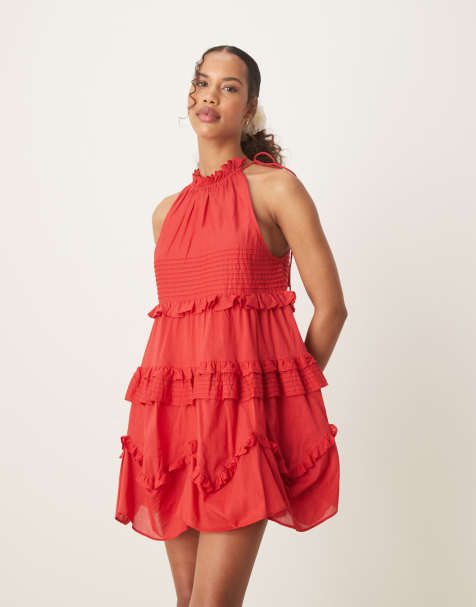 ASOS DESIGN halter ruffle mini dress with pintucks in deep red - view 1