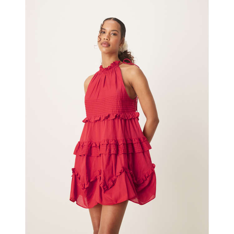 asos red halter neck dress ASOS DESIGN halter ruffle mini dress with pintucks in deep red