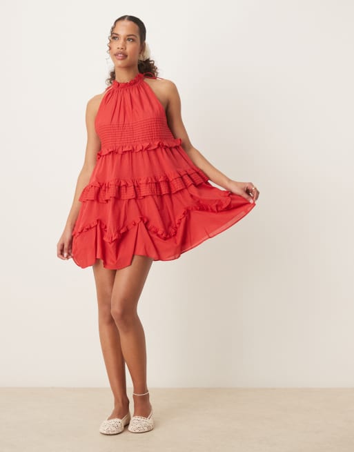 ASOS DESIGN halter ruffle mini dress with pintucks in deep red