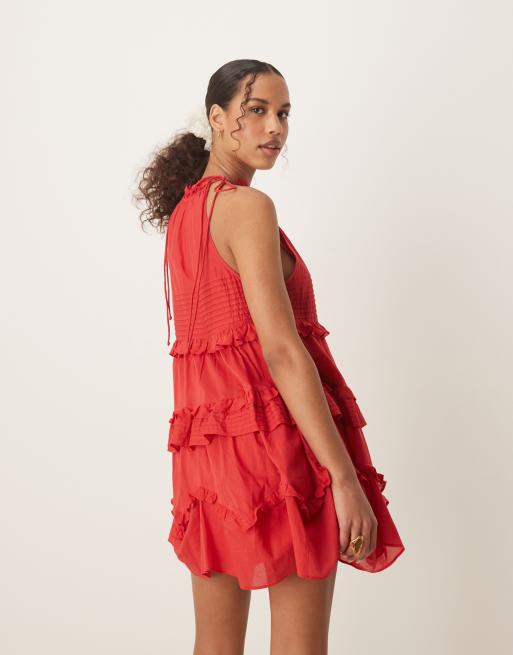 ASOS DESIGN halter ruffle mini dress with pintucks in deep red