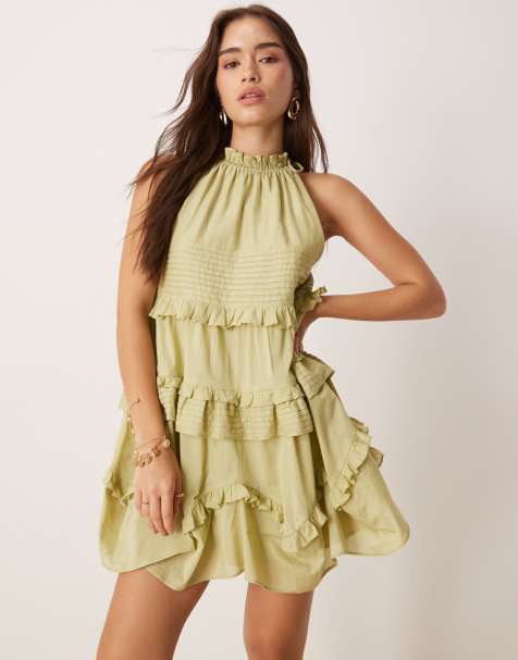 ASOS DESIGN halter ruffle mini dress with pintucks in washed olive - view 1