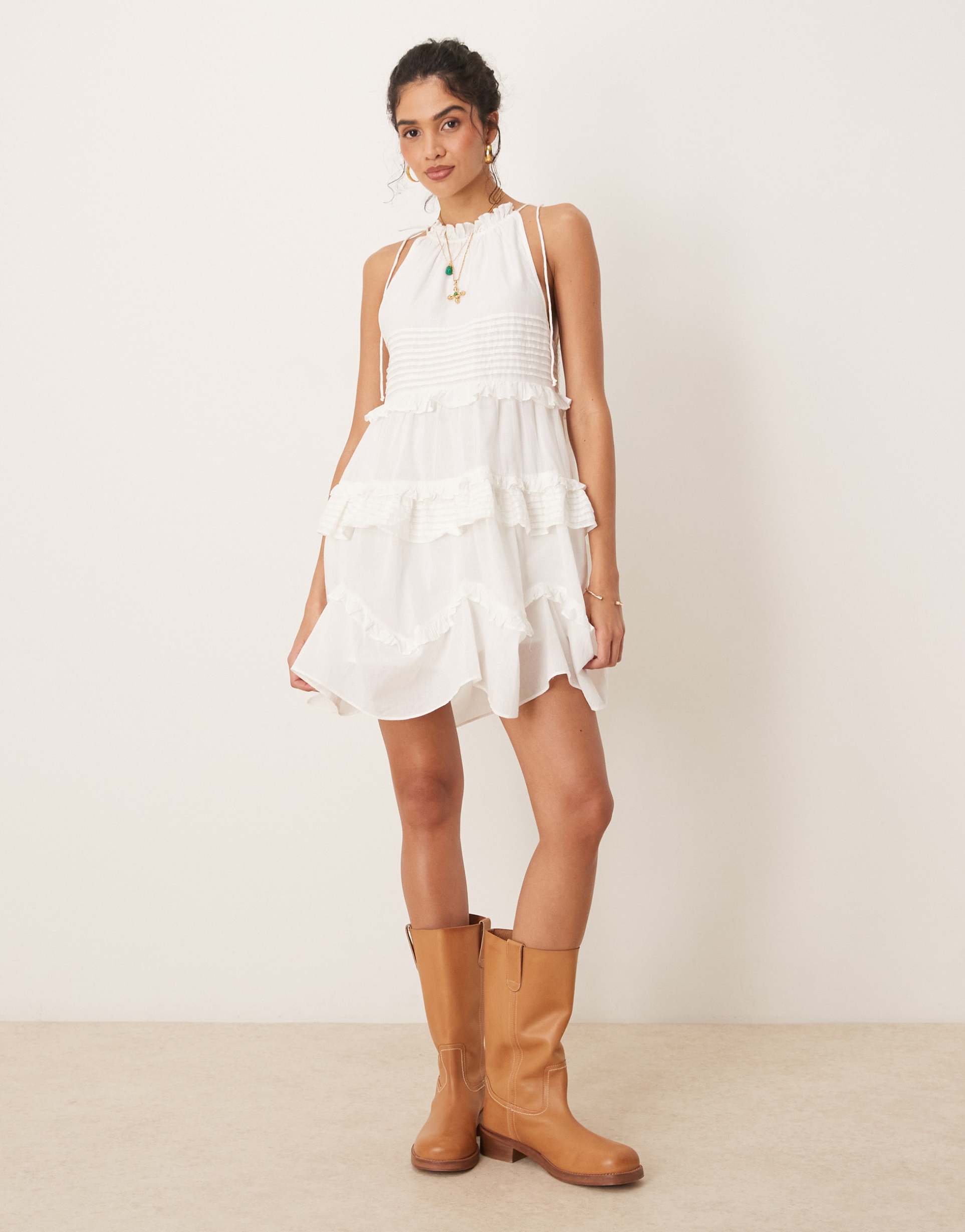 asos design halter ruffle mini dress with pintucks in white