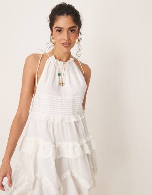 Asos Design Halter Ruffle Mini Dress With Pintucks In White