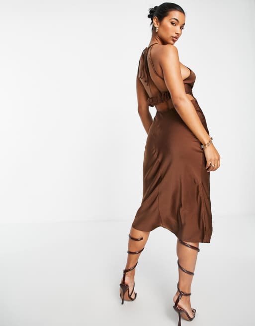 ASOS DESIGN halter satin midi dress with keyhole detail in chocolate, 2 of 4