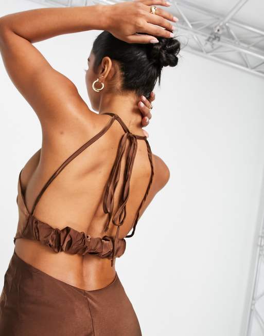 ASOS DESIGN halter satin midi dress with keyhole detail in chocolate, 3 of 4