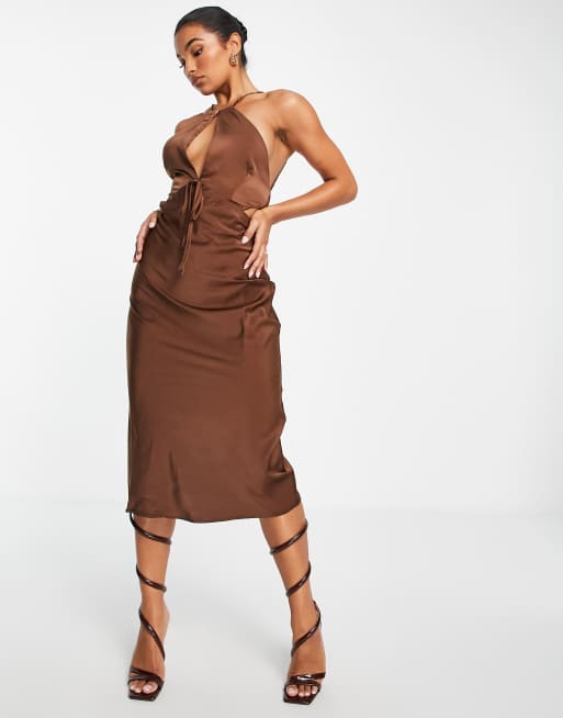 ASOS DESIGN halter satin midi dress with keyhole detail in chocolate, 4 of 4