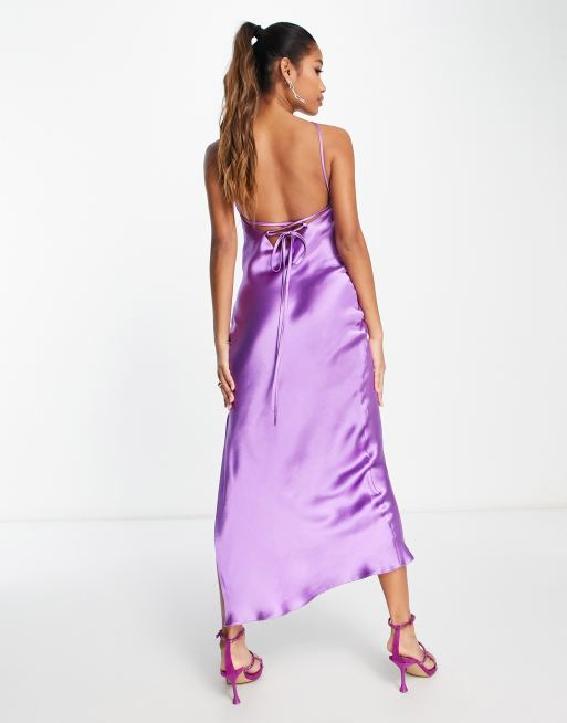 ASOS DESIGN halter satin midi dress with side slit and lace up back in  purple