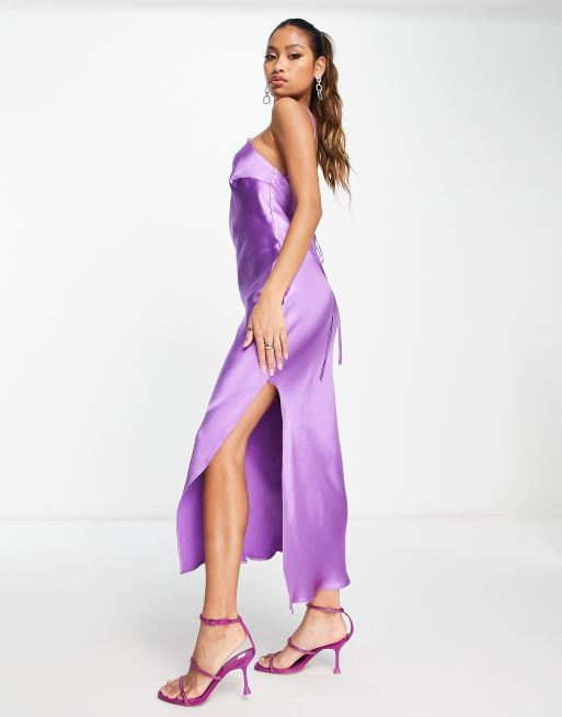 ASOS DESIGN halter satin midi dress with side slit and lace up