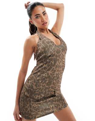 Asos Design Halter Scuba Mini Dress In Faded Leopard-multi