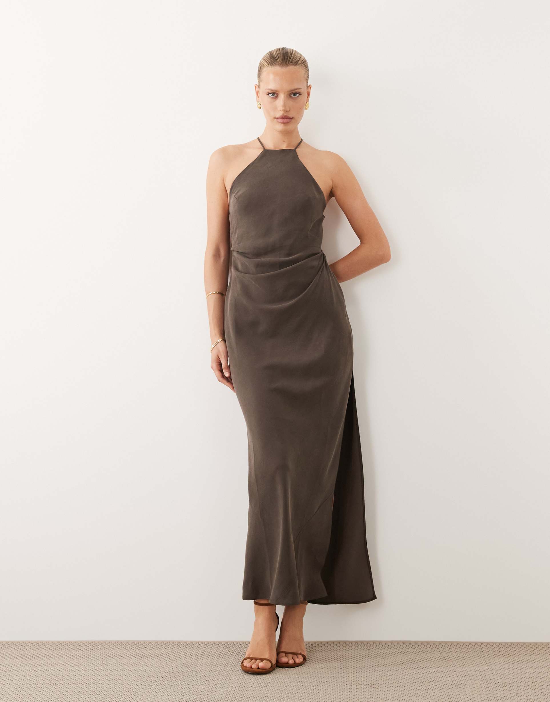 asos design halter strappy back maxi dress in brown