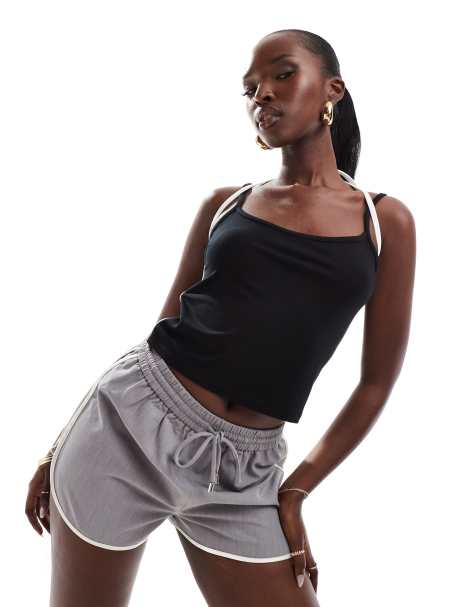 ASOS DESIGN halter strappy top with contrast binding in black - view 1