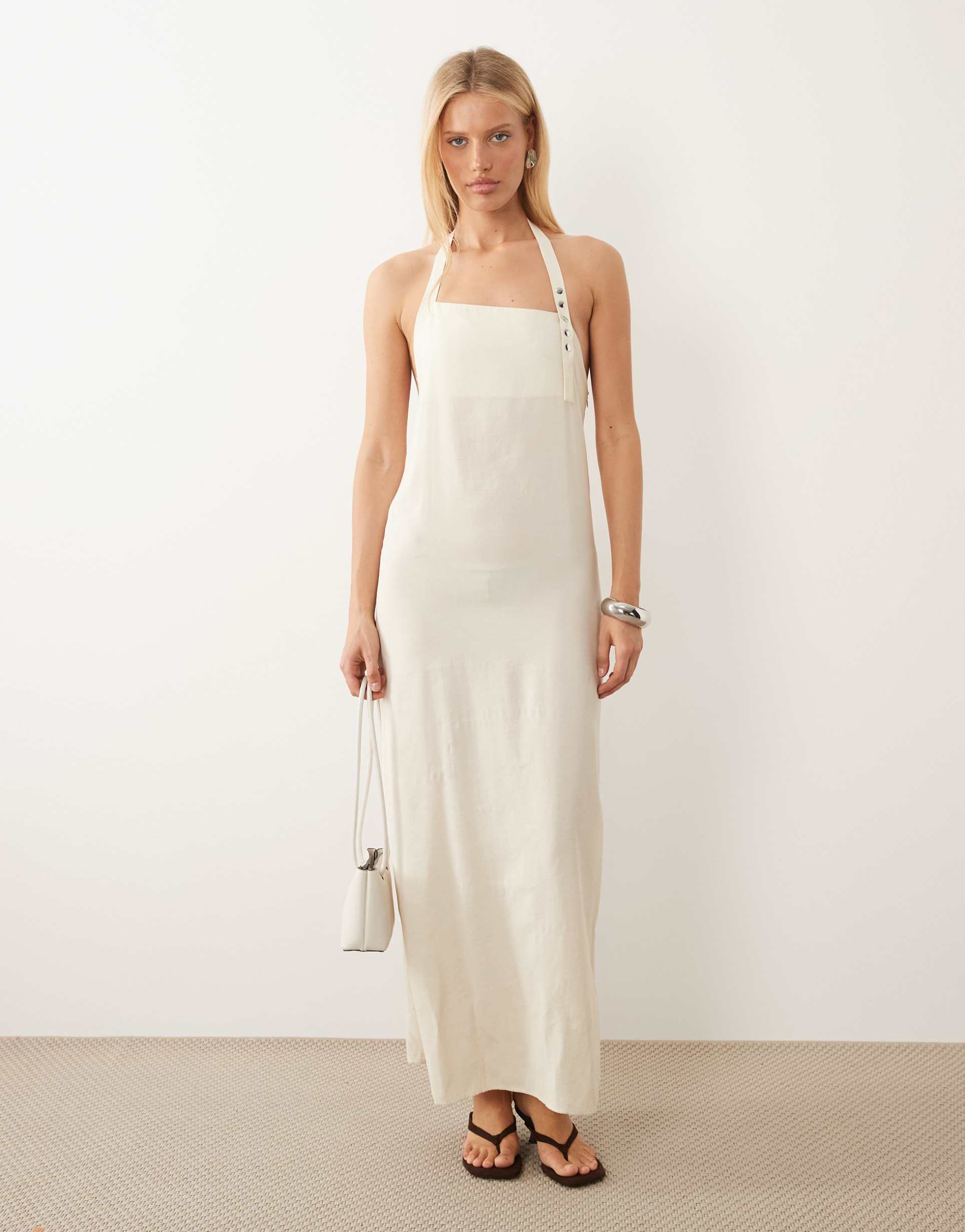 asos design halter stud detail maxi dress in cream