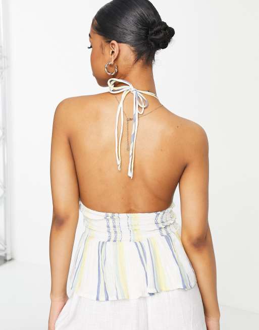 ASOS DESIGN halter sun top with shirred waist in stripe , 4 of 4