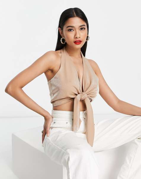 ASOS DESIGN halter tie front cami in tan - view 1