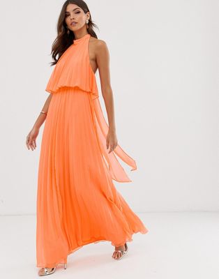 ASOS Backless Halter Pleated Maxi Dress in Orange