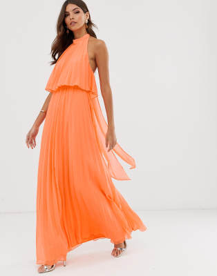 ASOS Backless Halter Pleated Maxi Dress in Orange