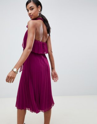 halter tie neck midi dress in pleat