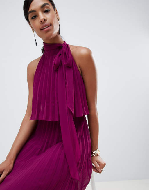 Asos design halter tie neck midi dress in pleat sale