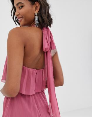 asos design halter tie neck midi dress in pleat