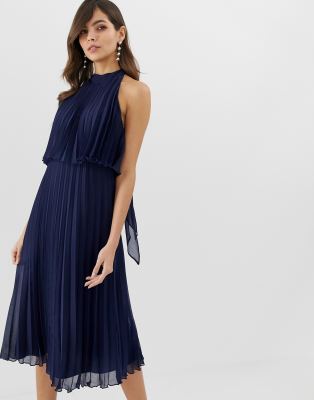 halter tie neck midi dress in pleat