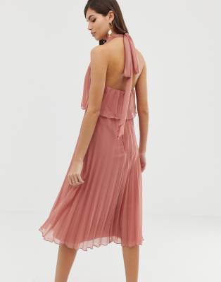 halter tie neck midi dress in pleat