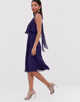 asos design halter tie neck midi dress in pleat