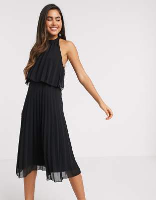 halter tie neck midi dress in pleat