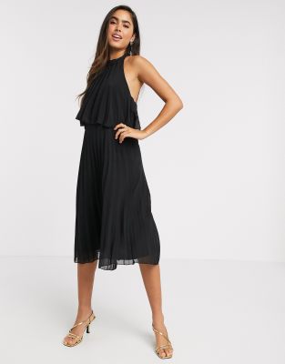 halter tie neck midi dress in pleat