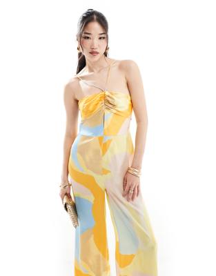 halter tie ruched front straight leg satin jumpsuit in abstract print-Multi