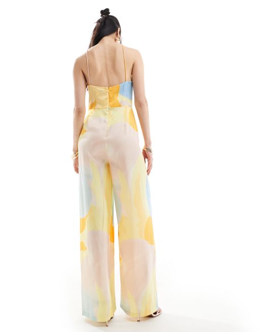 ASOS DESIGN halter tie ruched front straight leg satin jumpsuit in