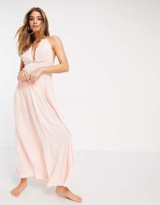 ASOS DESIGN halter tiered maxi beach dress in pink metallic stripe crinkle