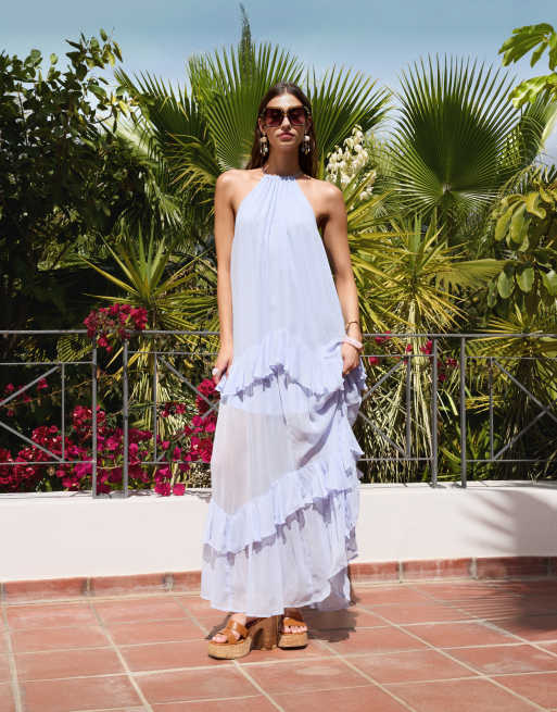ASOS DESIGN - Robe longue à volants et dos nu - Bleu