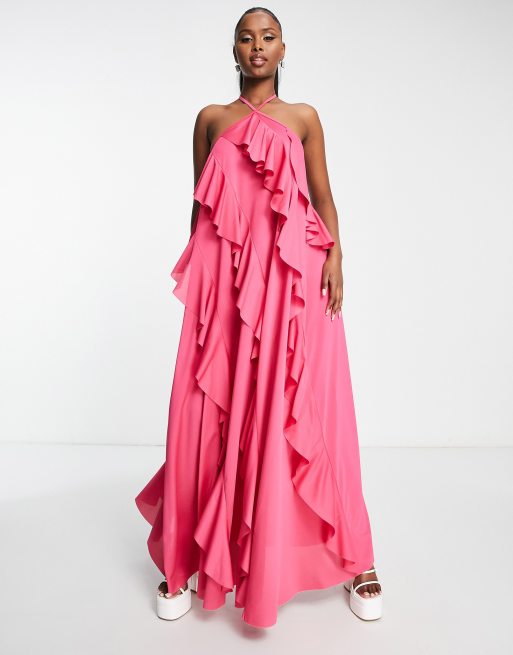 Hot Pink Ruffled Maxi Dress