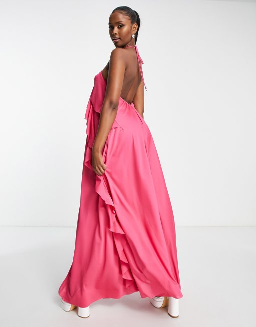 ASOS Design Halter Tiered Ruffle Maxi Dress in Pink - Lpink