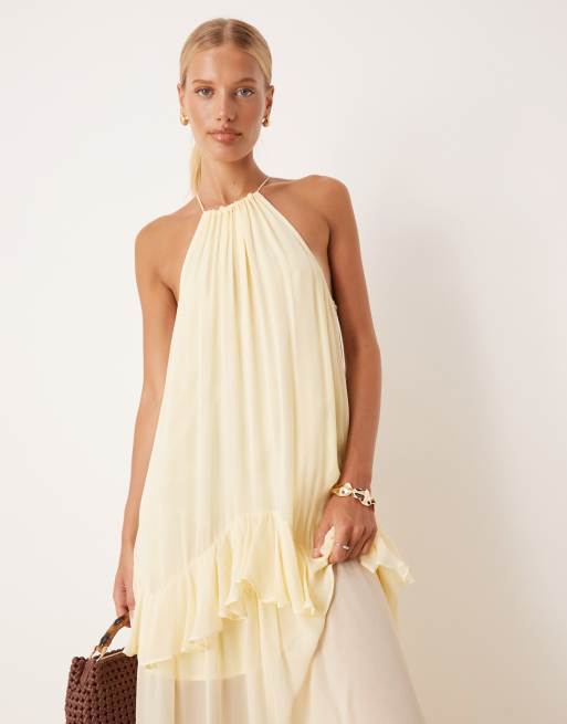 ASOS DESIGN halter tiered ruffle maxi in lemon