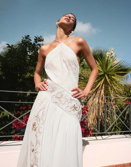 ASOS DESIGN halter tonal spliced maxi dress with asymmetric panel in ivory