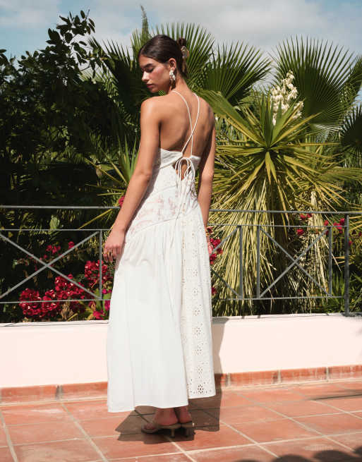 ASOS DESIGN halter tonal spliced maxi dress with asymmetric panel in ivory