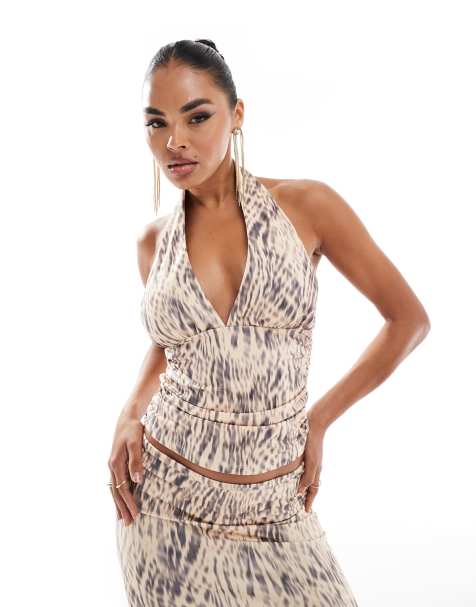 ASOS DESIGN halter top co ord with ruching detail in natural print - view 1
