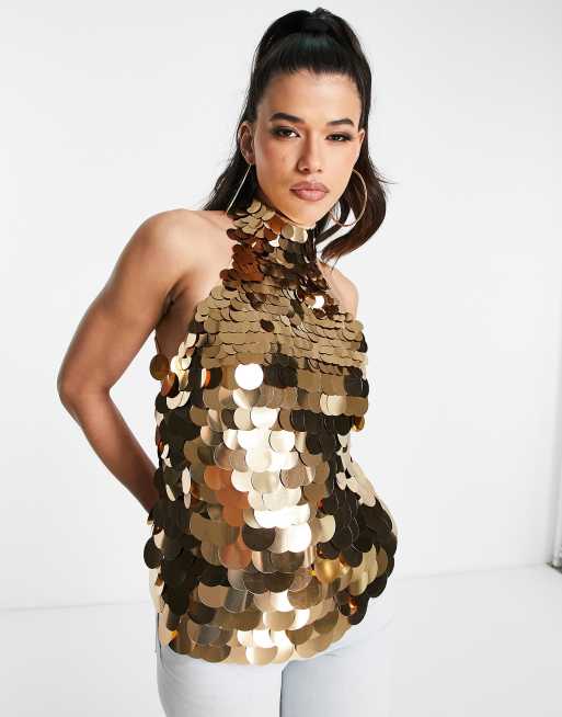 ASOS DESIGN halter top in large disc embellishment in gold