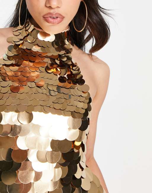 ASOS DESIGN halter top in large disc embellishment in gold