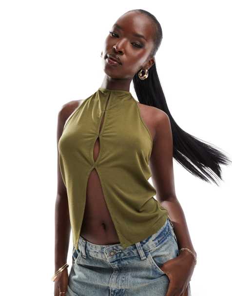 ASOS DESIGN halter top with cut out detail in khaki - view 1