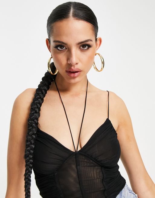 ASOS DESIGN lace corset top with garter detail in black
