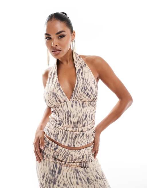 ASOS DESIGN halter top with ruching detail in natural print (part of a set)