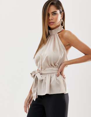 ASOS DESIGN halter top with tie detail in satin-Pink