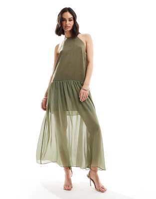 Asos Design Halter Trapeze Cupro And Chiffon Maxi Dress In Khaki-green