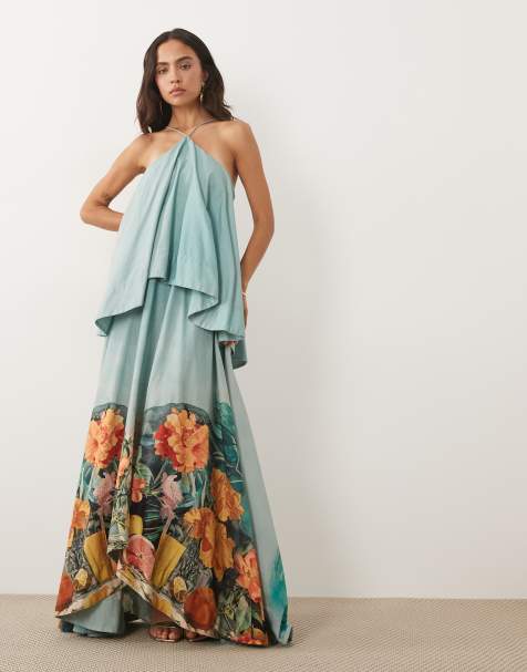 ASOS DESIGN halter volume double layer open back maxi dress in ombre teal floral