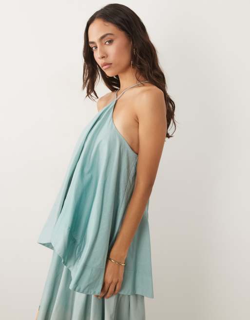 ASOS DESIGN halter volume double layer open back maxi dress in ombre teal floral, 2 of 4