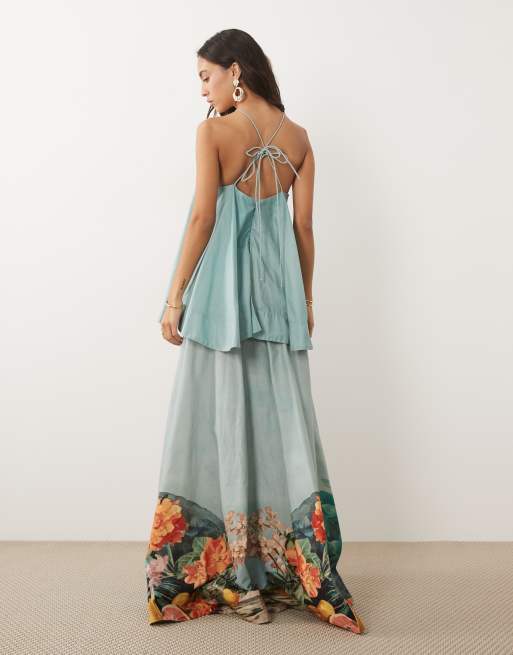 ASOS DESIGN halter volume double layer open back maxi dress in ombre teal floral, 4 of 4