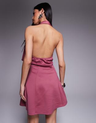 asos design halter with buckle strap detail in scuba mini dress in mulberry