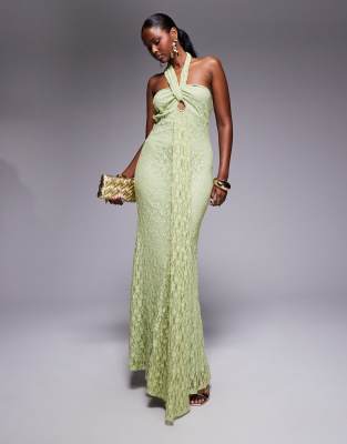 Asos Design Halter With Cross Front Detail Maxi Dress In Green